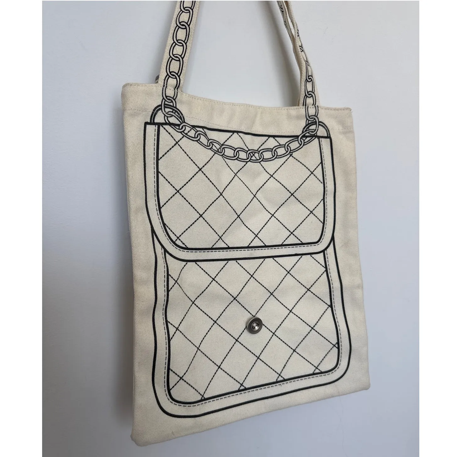 Vintage Borders Books Illustrated cream Canvas Tote Bag Purse Print 100% Cotton Black - Image 5
