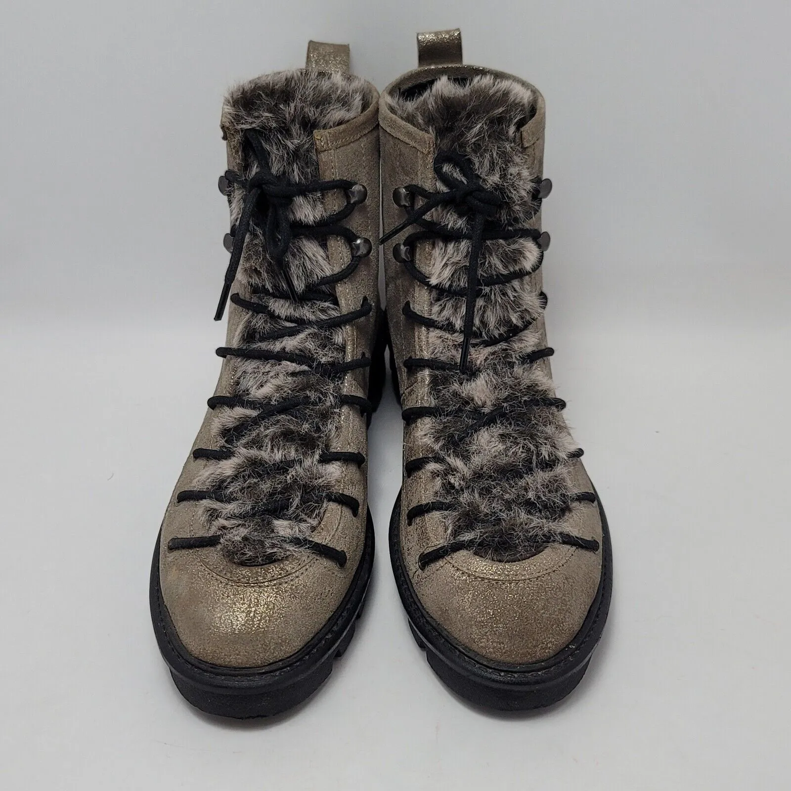 Seychelle Gold Metallic Resource Faux Fur Suede Lace Up Combat Snow Boots Size 9 - Image 2
