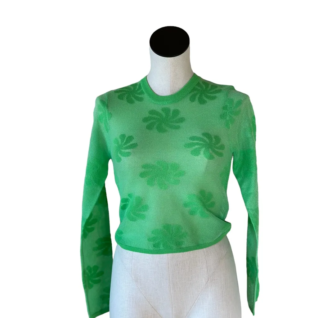 NWT ZARA FLORAL KNIT SWEATER SEMI SHEER LIGHTWEIGHT GREEN - Image 10