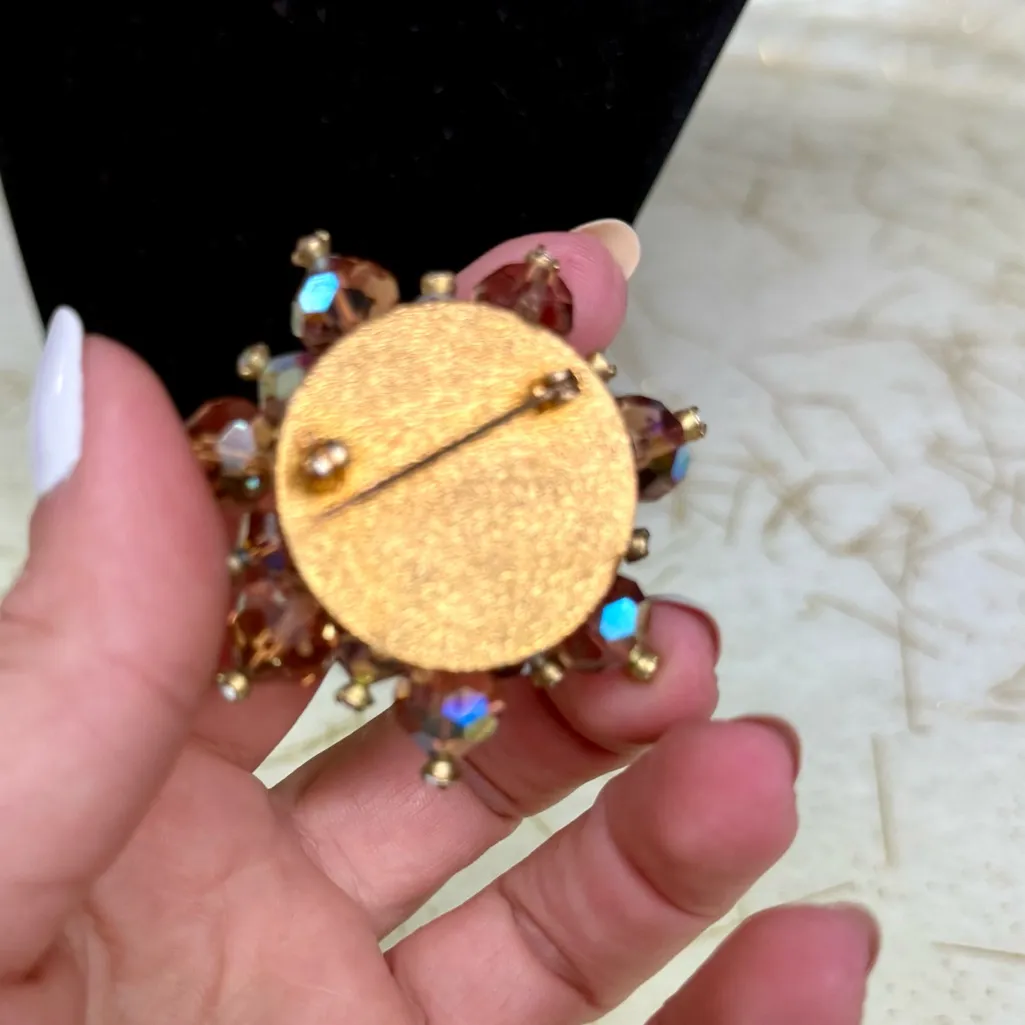 Vintage Amber Aurora Borealis Crystal Bead Jewelry Set, Brooch Pin & Necklace Orange - Image 5