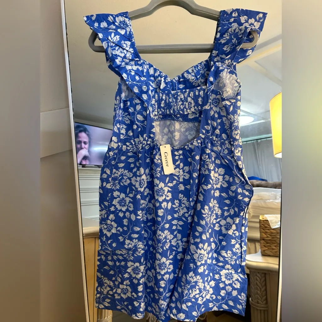 NEW Floral Sweetheart Neck Ruffle Cotton Mini Pockets A Line Flowy Beach Dress S Blue - Image 3