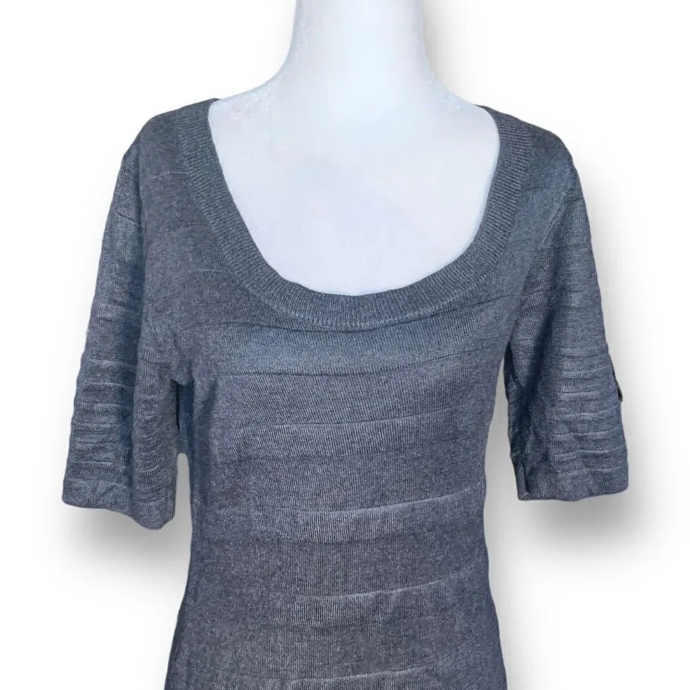 Calvin Klein Women's Gray Scoop Neck Short Sleeve Striped Midi Sweater Dress - Image 4