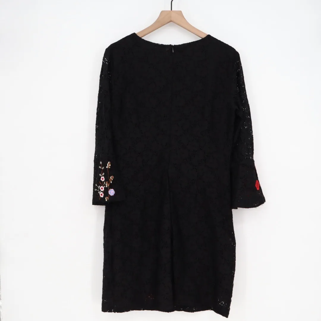 Desigual Black Lace Floral Embroidered Bell Sleeve Dress Size 44 - Image 5