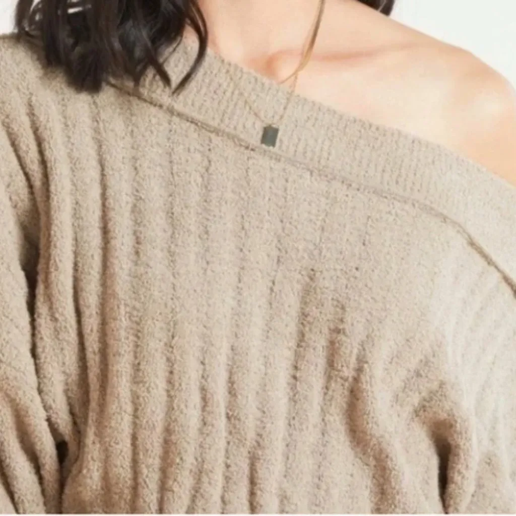 Free People Cabin Fever Fuzzy Boat Neck Off The Shoulder Pullover Tan Oatmeal - Image 3