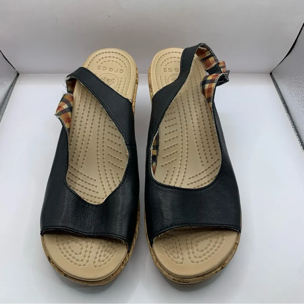 Crocs A-Leigh Black Leather Slingback Cork Wedge Sandals size 10 - Image 4