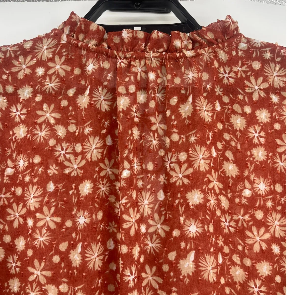Black Tape Floral Peasant Top Sz 2X Rust Ruffle Sheer Chiffon Boho Swiss Dot Brown - Image 7
