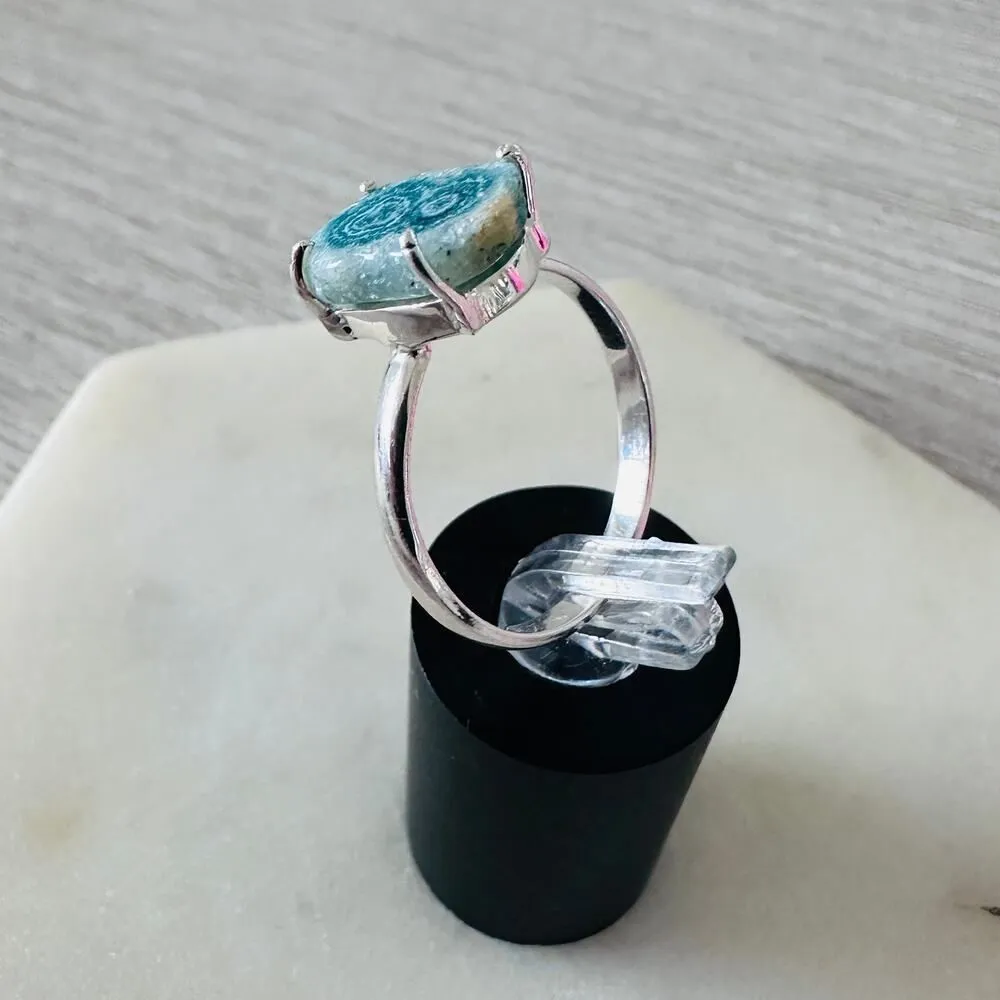 Sterling Silver Mediterranean Green Quartz Stalacitite Slice Ring Blue - Image 4