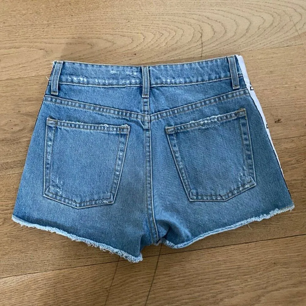 LF - Side Logo Tape Distressed Ripped High Waist Jean Shorts in Blue and White - Image 4