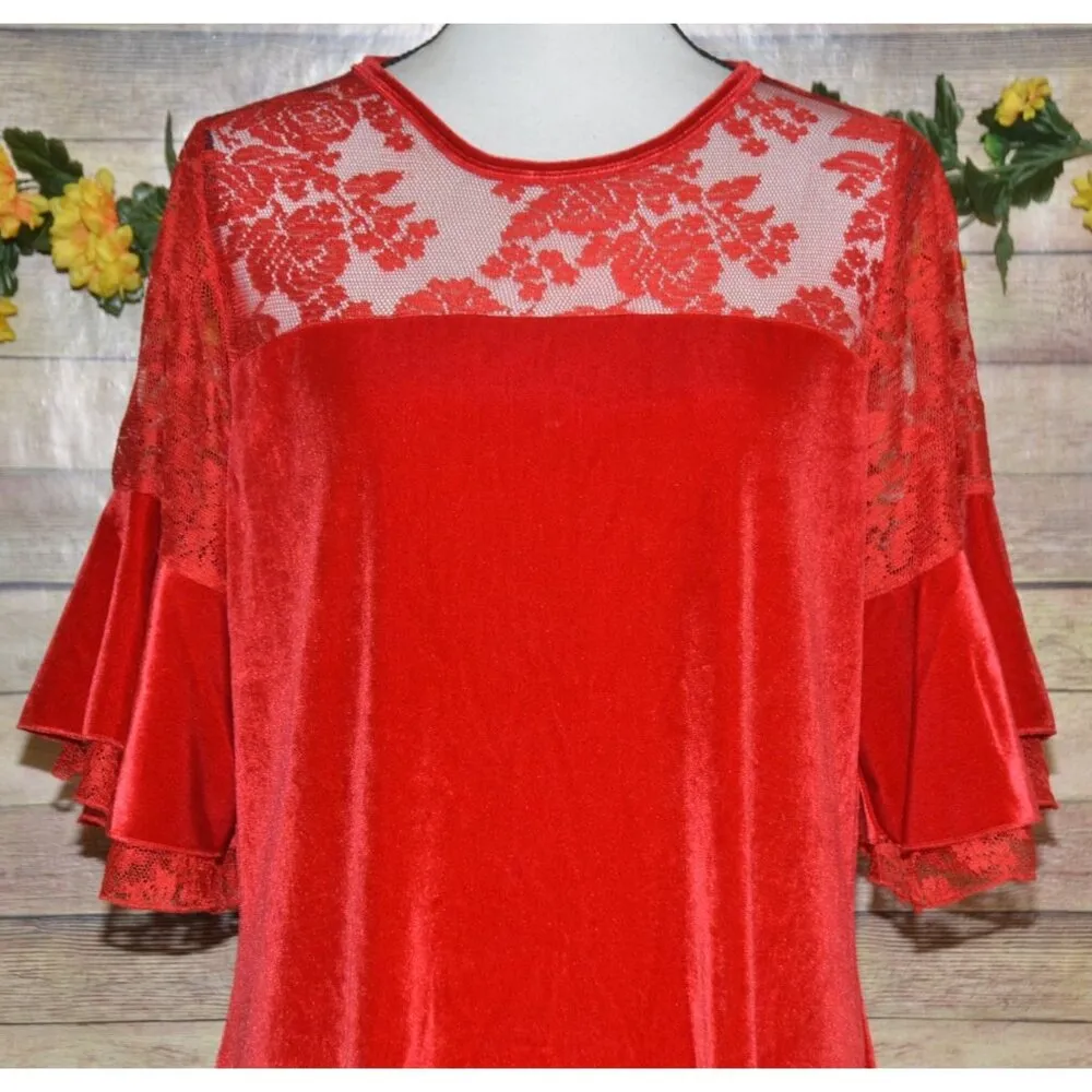 C.O.C. Red Velvet Midi Sheath Dress Plus Size 3X Floral Lace Short Bell Sleeve - Image 2