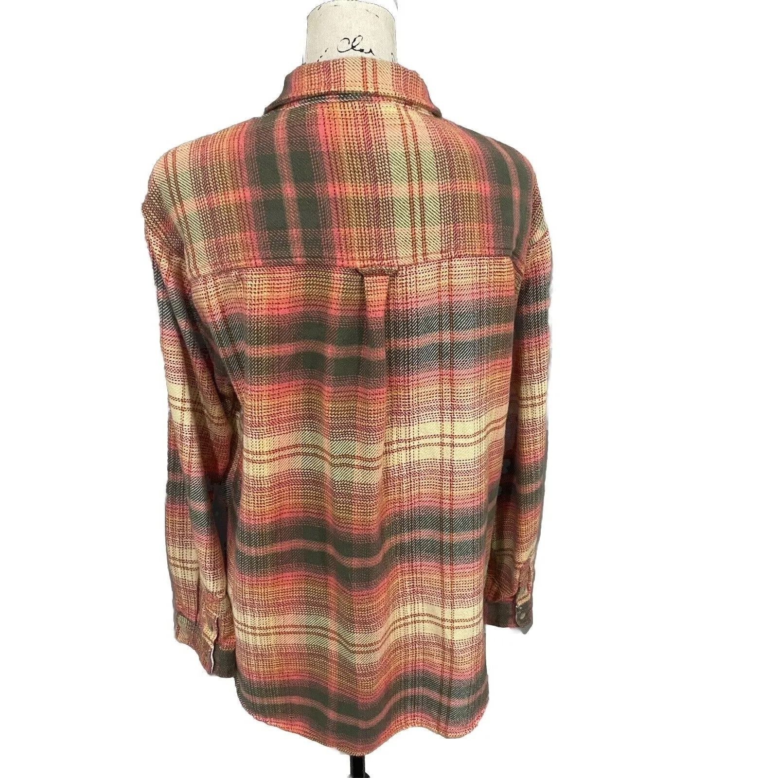 American Eagle Green Orange Plaid Fleece Flannel Oversized Button-down Shirt XS - Image 10