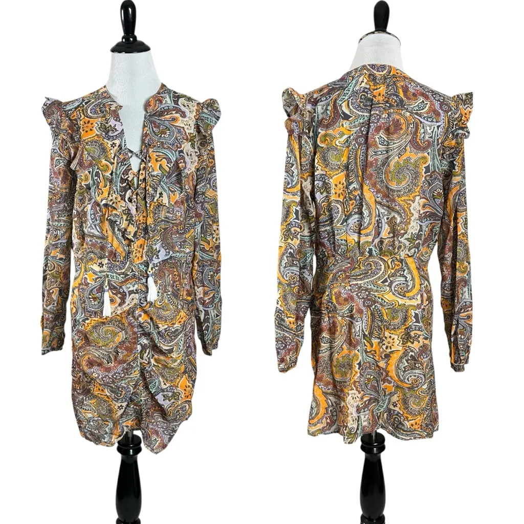 Anthropologie Bohemian Western Ruffle Lace Up Paisley Long Sleeve Dress Size 8 - Image 5