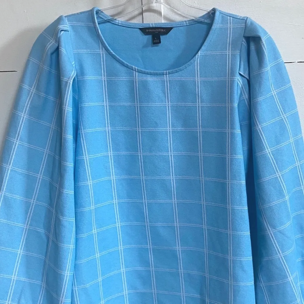 Blue Plaid Puff Sleeve Crew Neck Top Banana Republic Women's Size L EUC - Image 10