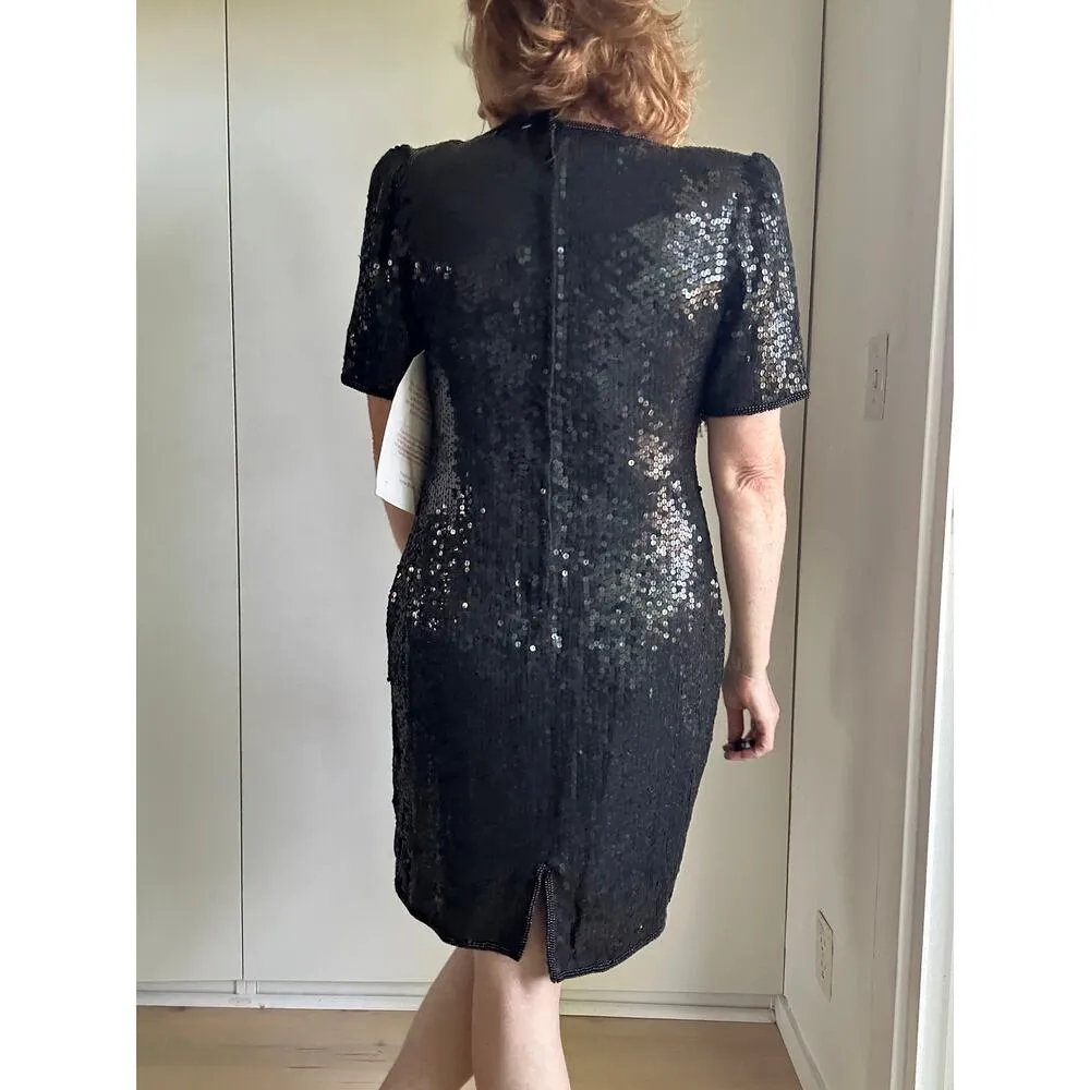 Vintage Sequin Party Dress Size Medium Embellished Fancy Formal Era 80s Silk Black - Image 5