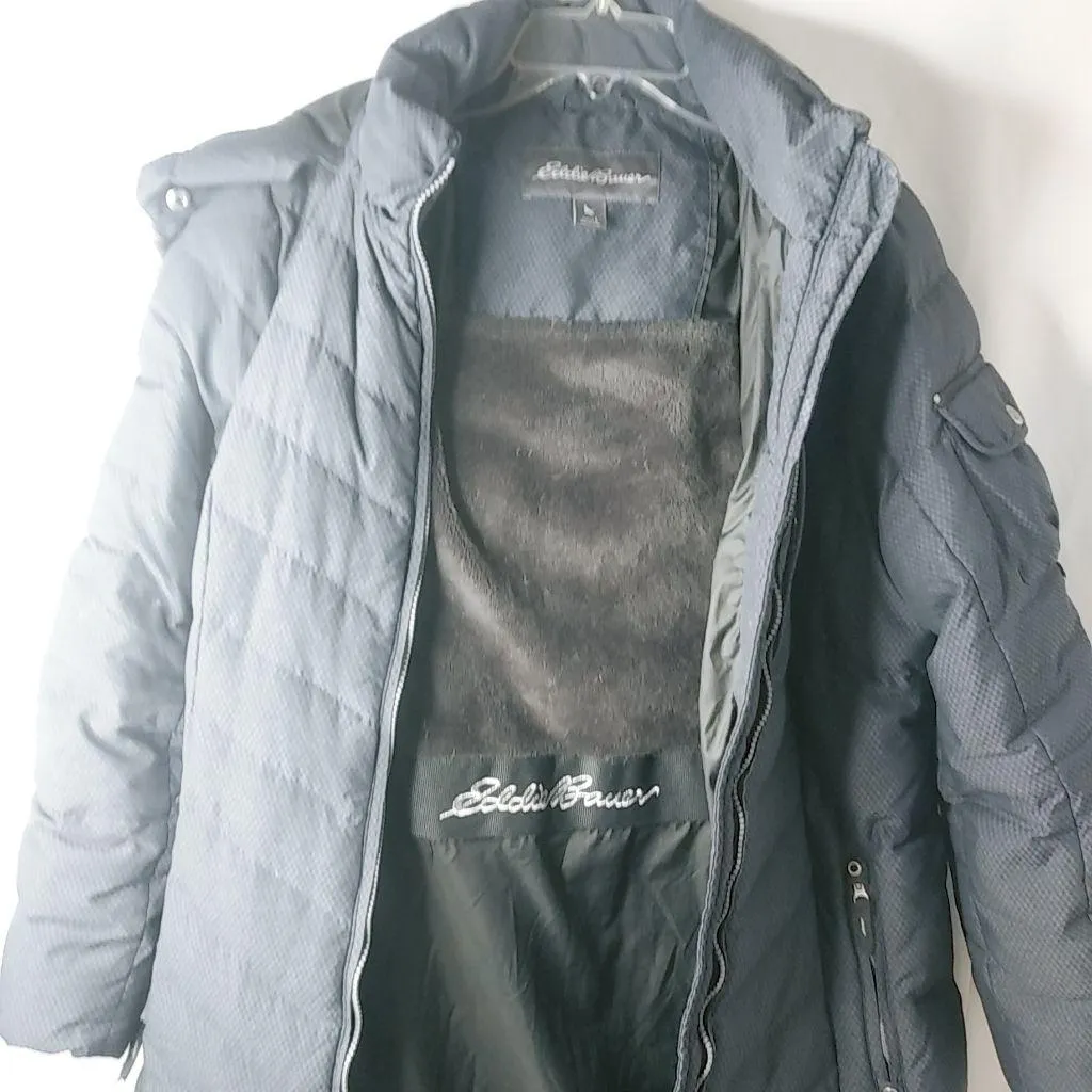 Eddie Bauer  L Gray Knee Length Down Puffer Hoodie Jacket - Image 5