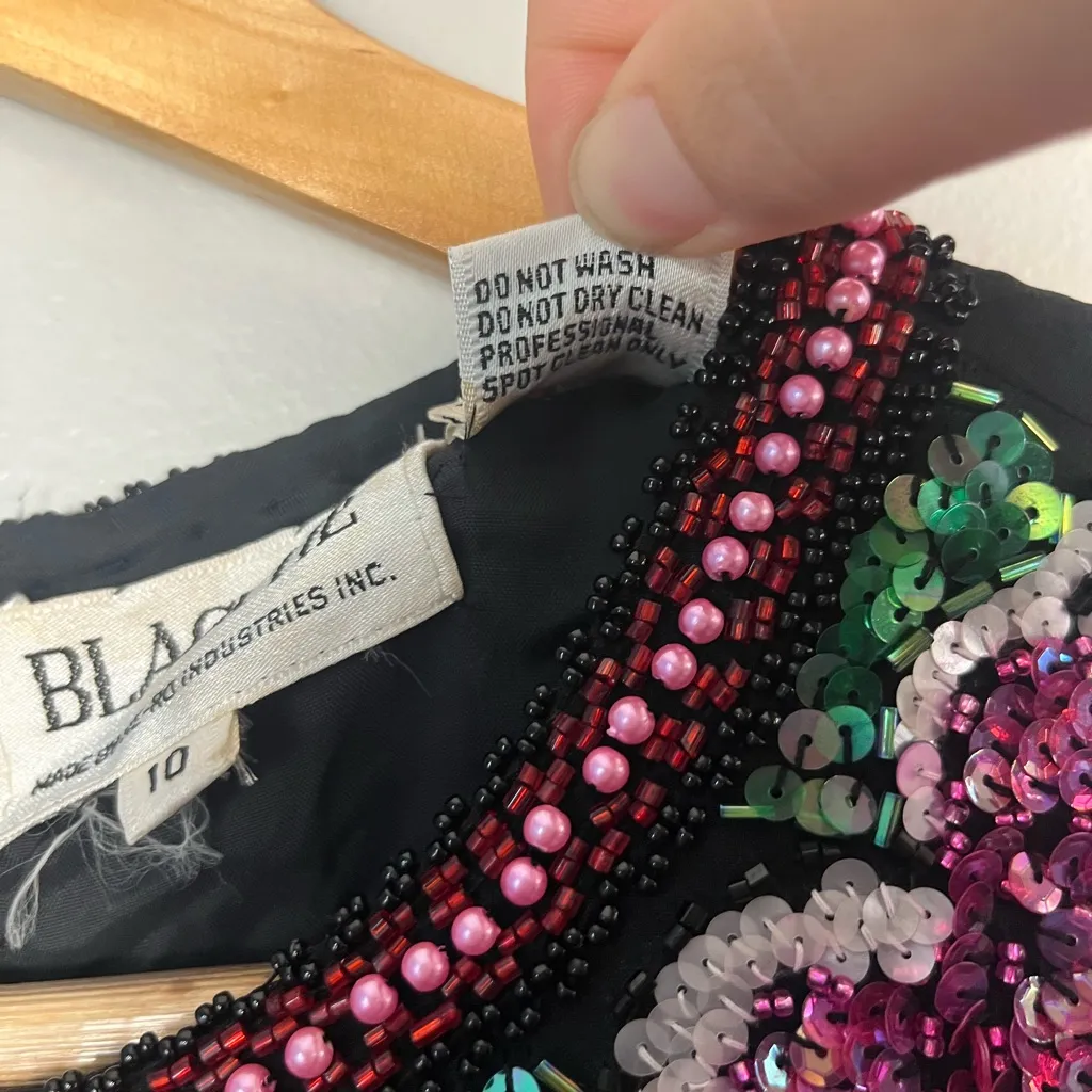 VTG 80s Black Tie Women's Floral Beaded Sequin Ball Gown Midi silk Dress Size 10 - Image 3