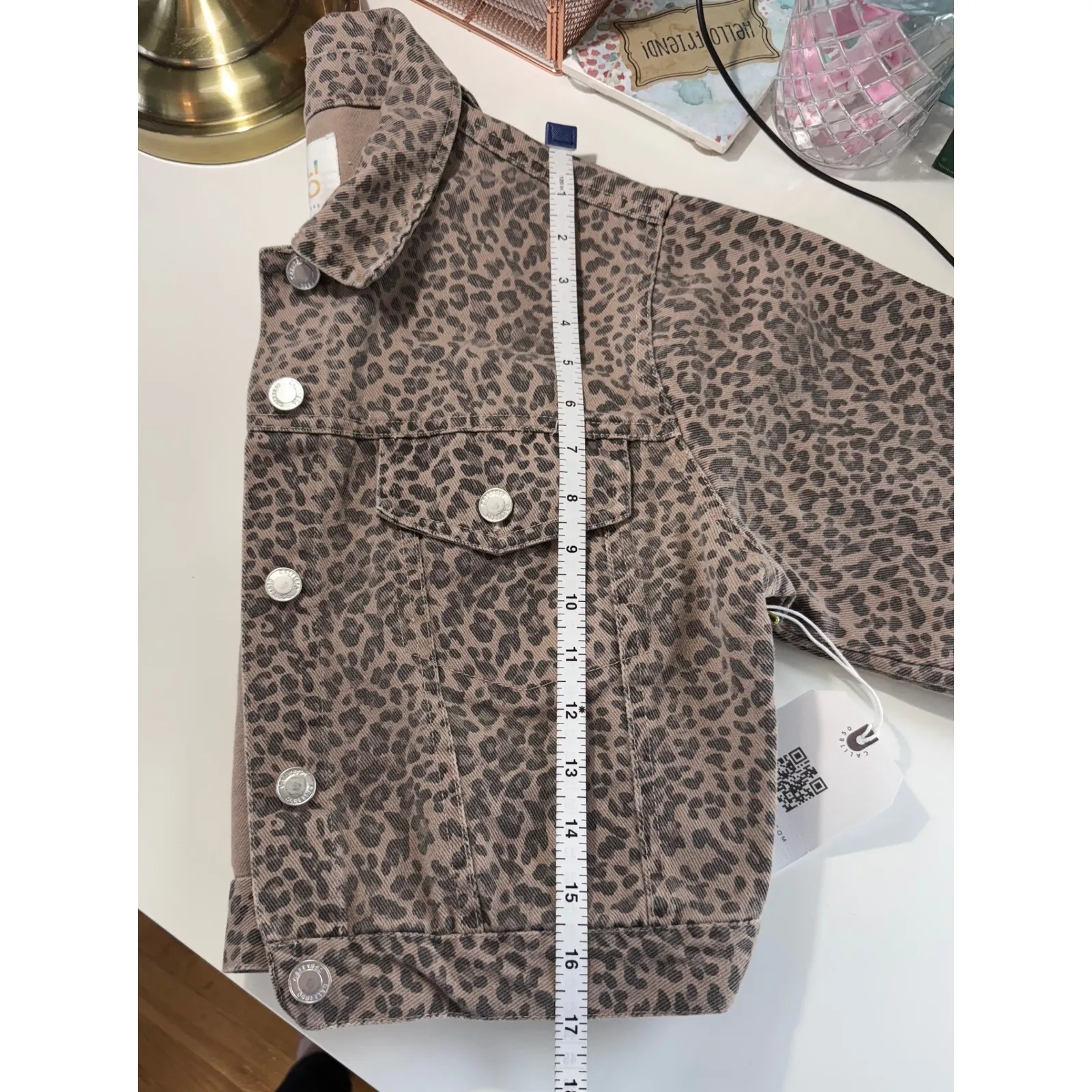 Cali 1850 Leopard Print Cropped Denim Jacket Womens Size Small Indie Sleeze - Image 10