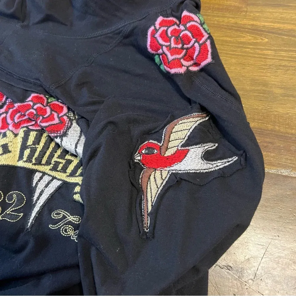 Johnny Was JWLA Black Front Zip Hoodie Sweater Embroidered Suede Roses Bird Rare - Image 10