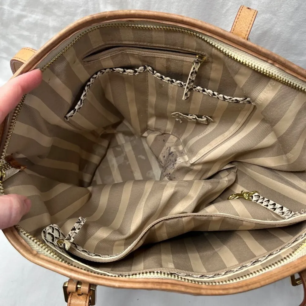 Brahmin Snake Embossed Cream Gray Asher Leather Tote Bag With Tassel Charm - Image 9