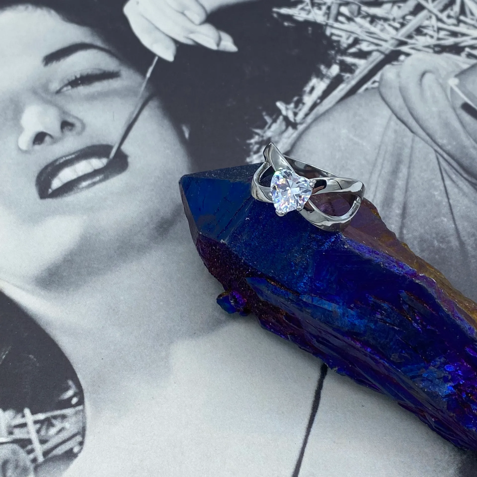 Stainless steel Heart Engagement Ring with Clear CZ Silver - Image 3