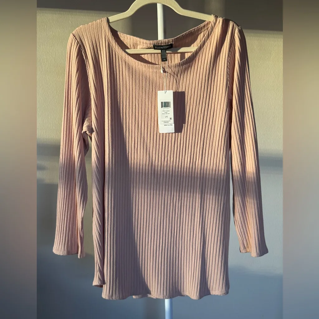 NWT Eileen Fisher Dune Beige Pink Ballet Neck Ribbed Top Tencel Stretch Rib - L - Image 9