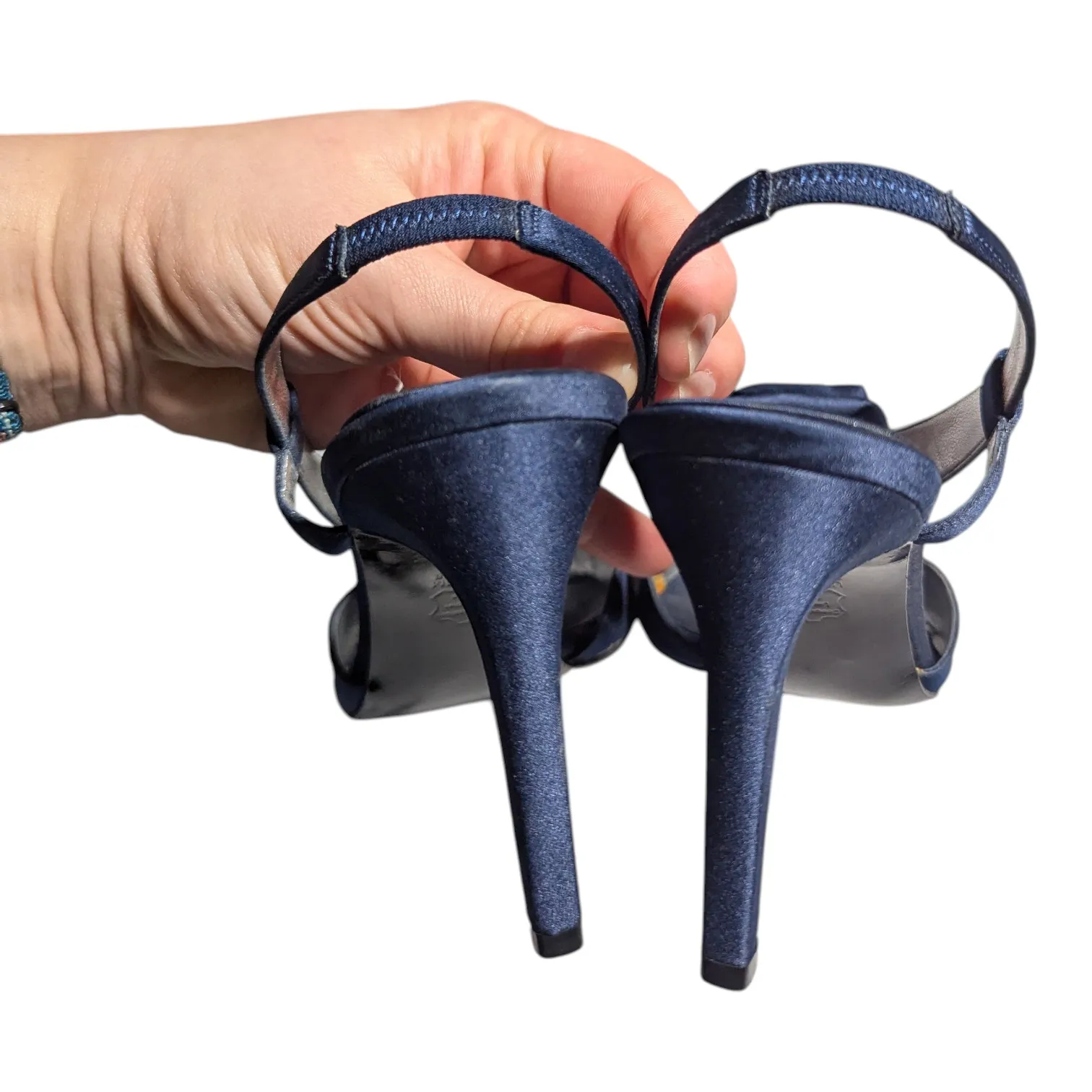 Vtg Y2K Nina Navy Blue Satin Rose Applique Slingback Stiletto Heel Sandals Sz 8 - Image 3