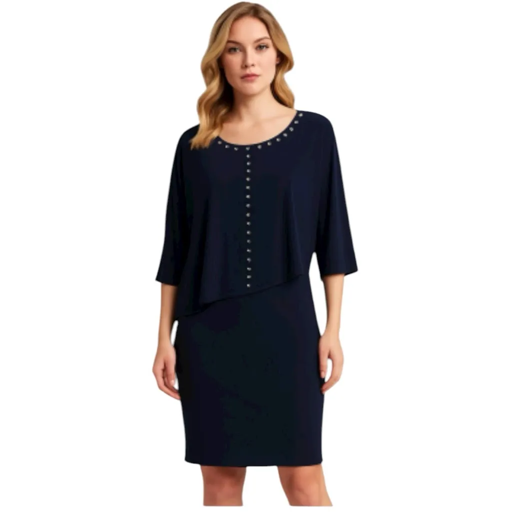 Joseph Ribkoff Navy Studded Layered Mini Dress Tunic Travel Knit Women’s Size 8 - Image 2