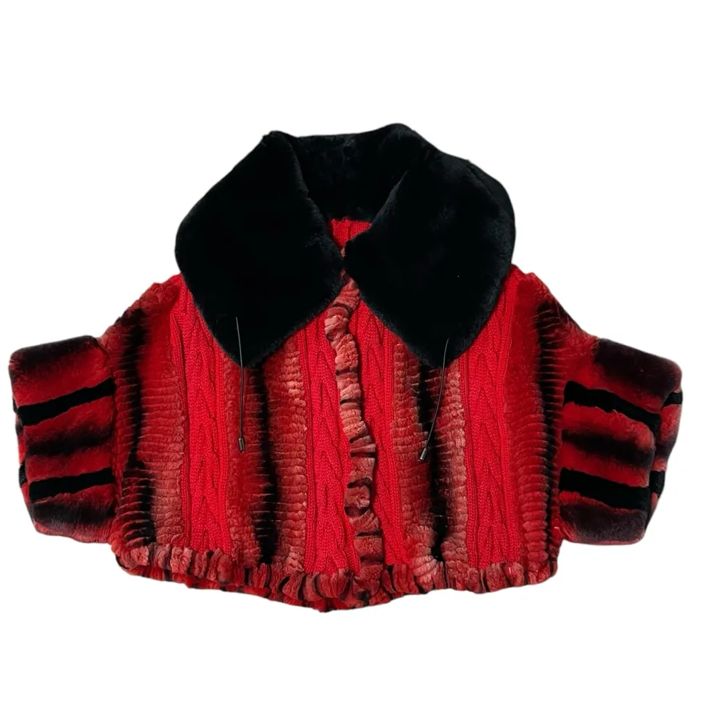 Sheared Dyed Real Rex Rabbit Fur Cable Knit Wool Sweater Jacket Size 8 Womens Red - Image 7
