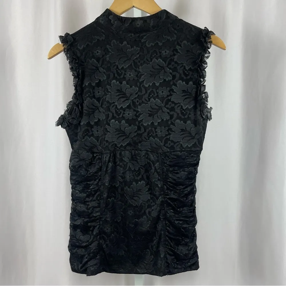 XOXO Y2K Large Lace Ruched Collared Blouse Tank Top Metallic Floral V Neck Goth - Image 2