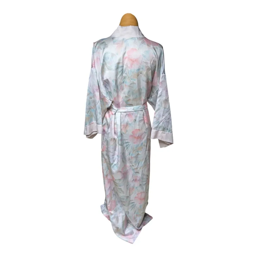 Vtg 1980s Gilligan O'Malley Pastel Pink Green Floral Satin True Wrap Robe L Size L - Image 3