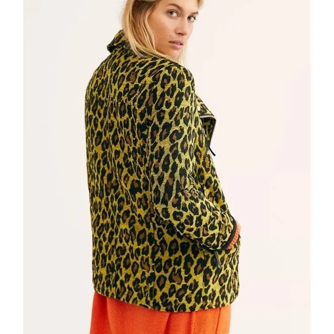 FREE PEOPLE Femme Fatale Long Moto Jacket Yellow Leopard Print Size‎  Small - Image 3