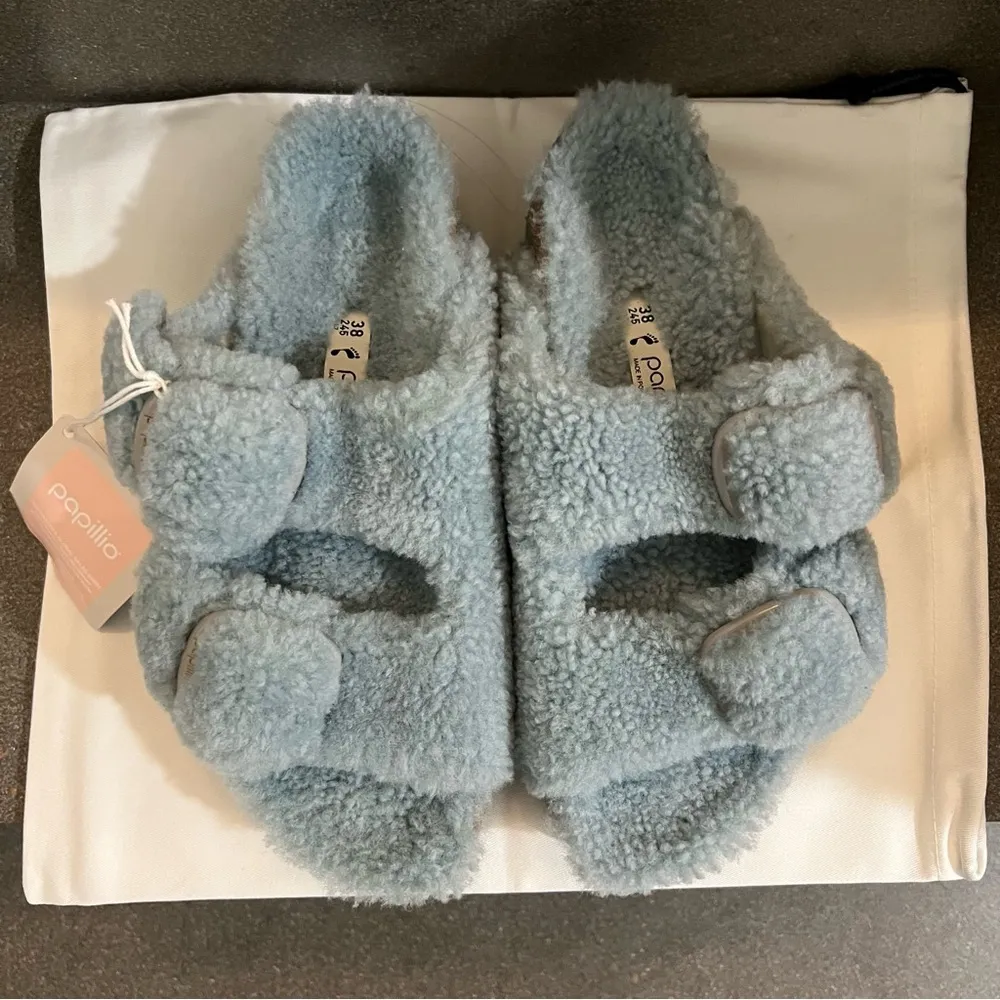Papillio Birkenstock Arizona Big Buckle Shearling Sandals in Blue, Size 38, NWT Blue - Image 10