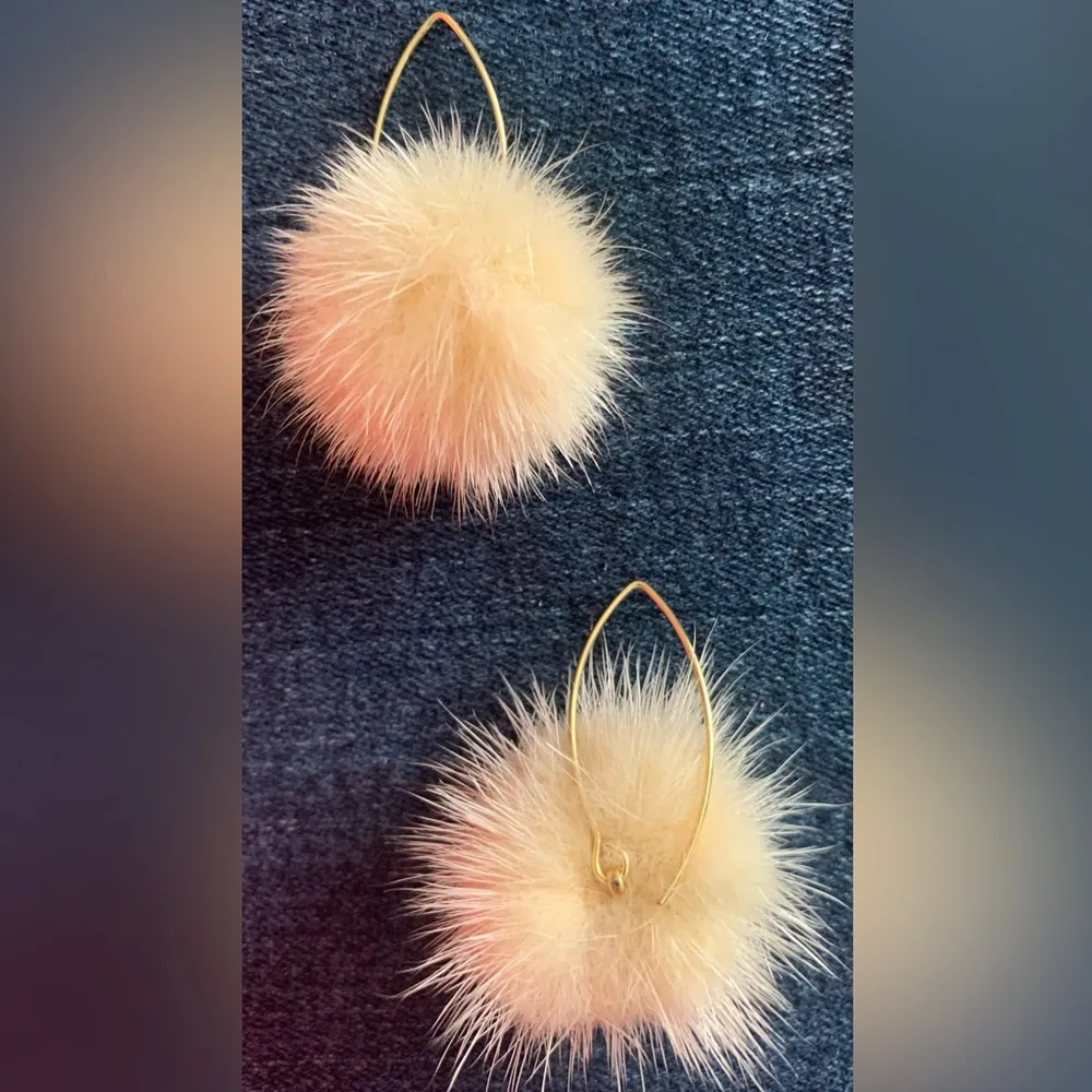 Mink Pom Pom Earings Tan - Image 2