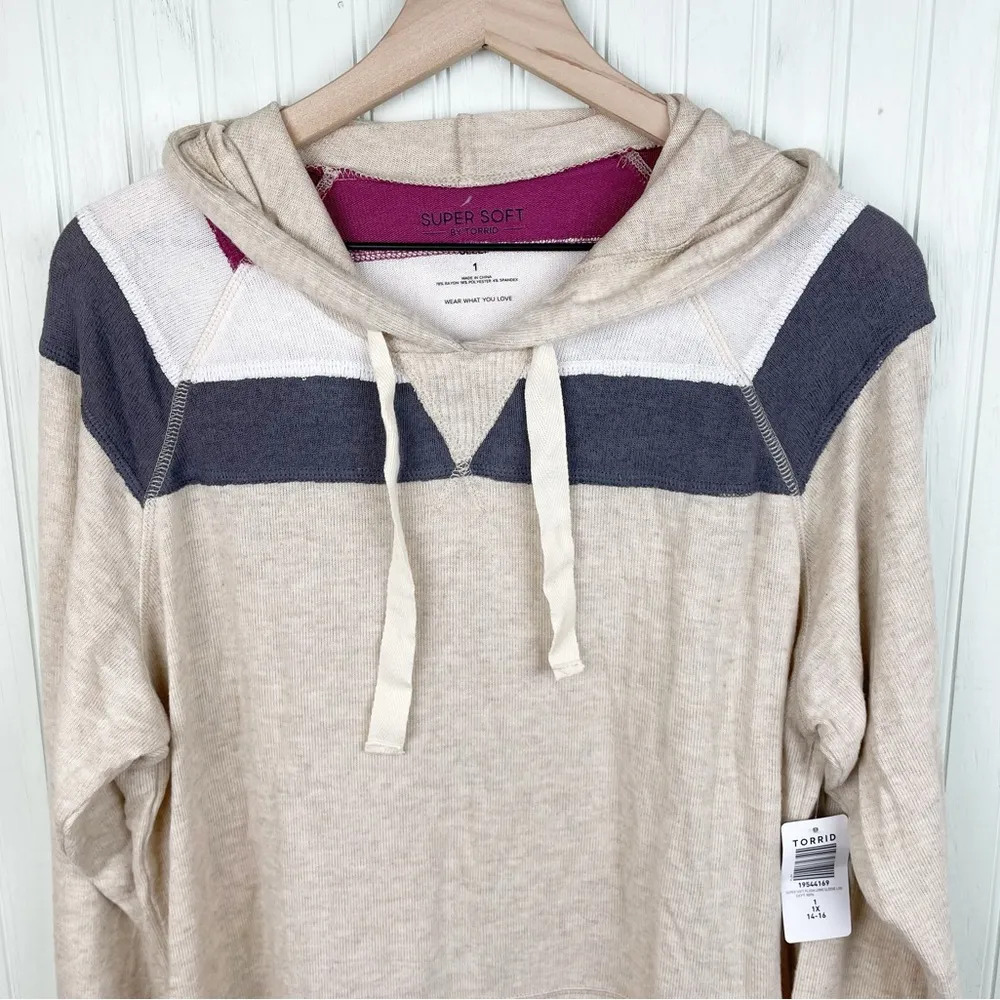 NEW Torrid Super Soft Plush Long Sleeve Lounge Hoodie Oatmeal Heather Stripe 1X - Image 5