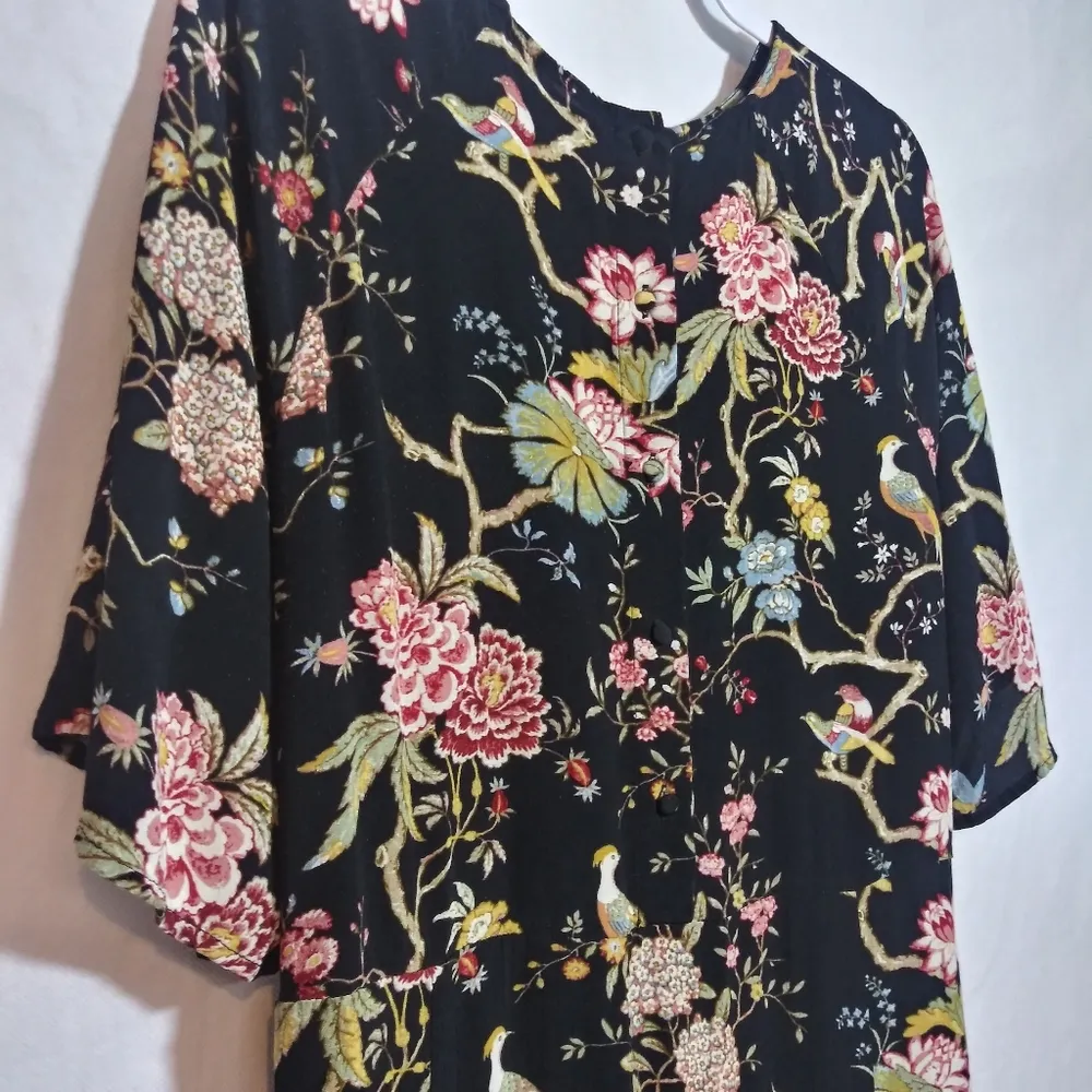 GP&J Baker x H&M Midi Shift Bohemian Dress Black Floral Birds Casual Size L - Image 3