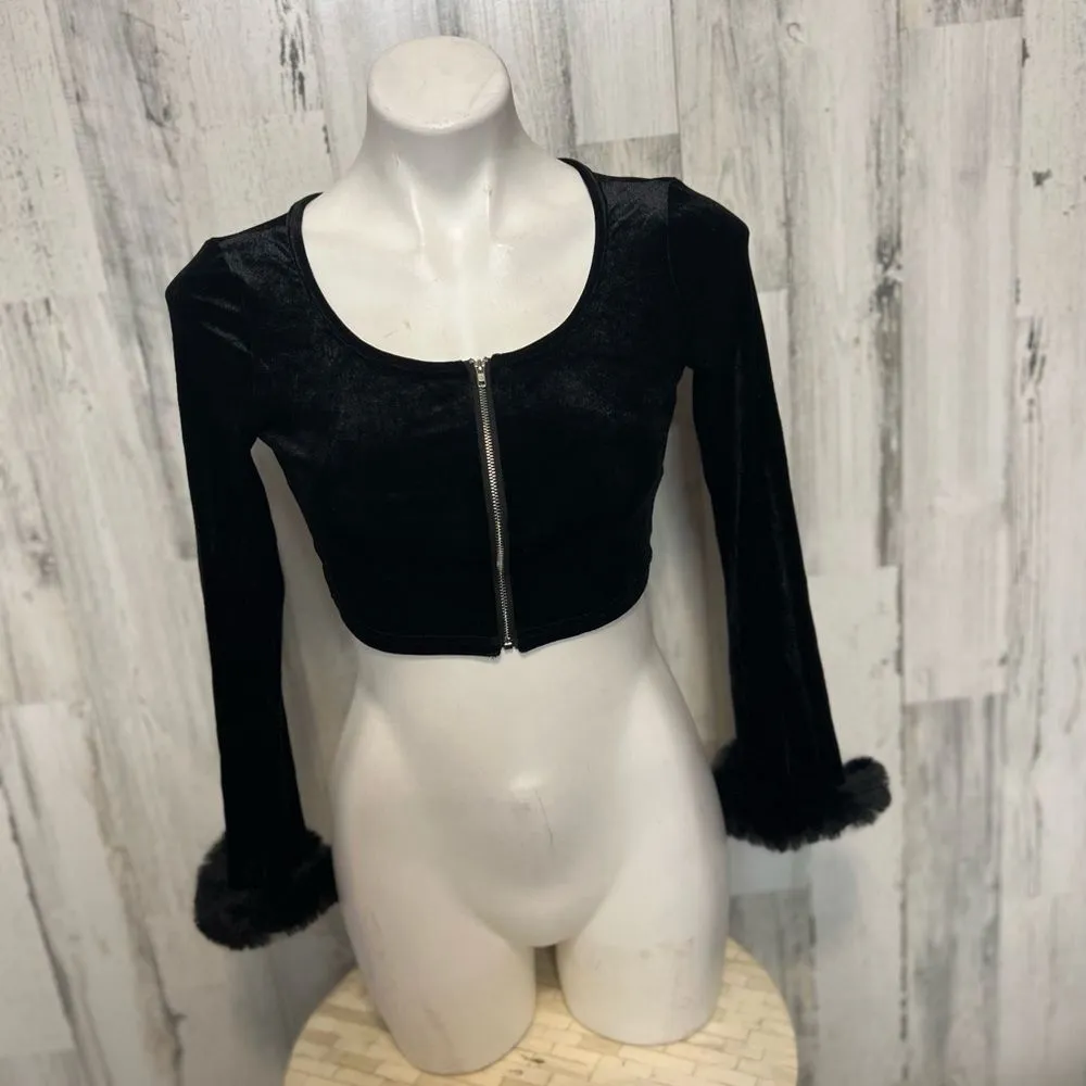 XS Black Velvet Zip Front Crop Top w/ Fur Cuff Sleeves | Long Sleeve Party Top Black - Image 2