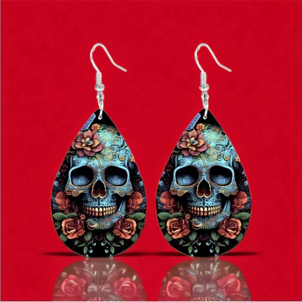Gorgeous Blue Skull with Flower Print Teardrop Dangle Earrings Gothic Faux Leath - Image 10