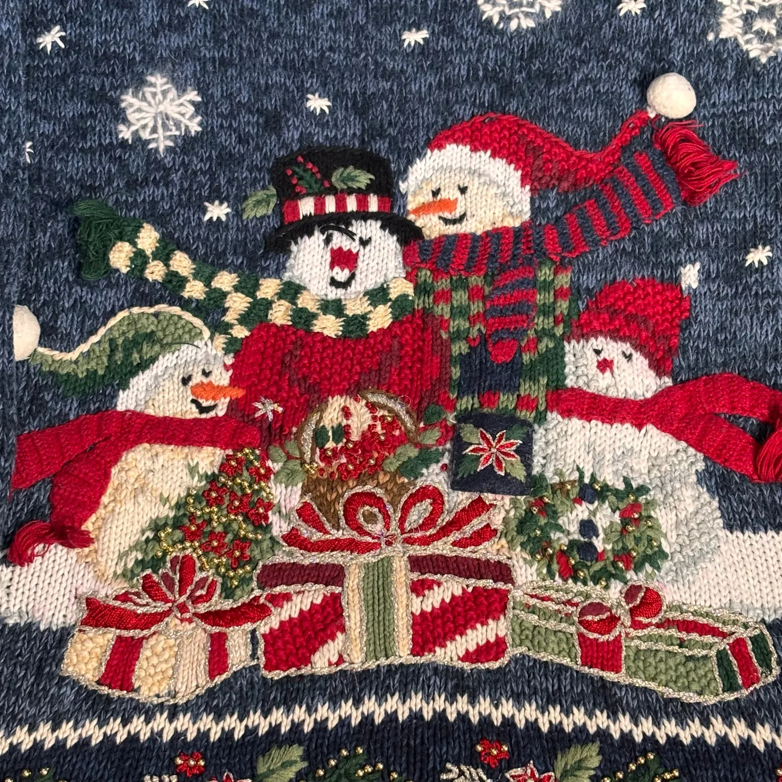 Vintage Tiara International Snowman Christmas Sweater Blue Knit Pullover Large - Image 13