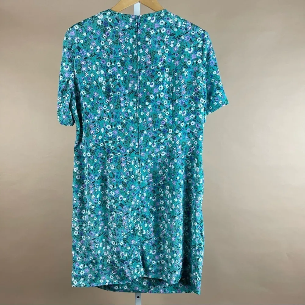 Vintage 14 petite ditsy floral Leslie Fay Sheath dress turquoise lavender lilac - Image 4