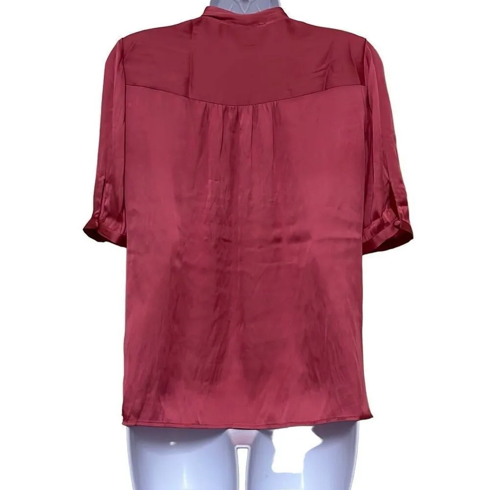 Paige Pink Satin Blouse Tie Neck Short Sleeves Small NWT Secretary Slinky Work - Image 2