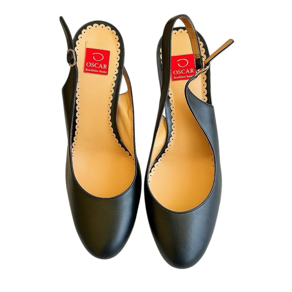 Oscar de la Renta Black Carmen Slingback Heels Scalloped Leather Women’s 8 EUC - Image 4