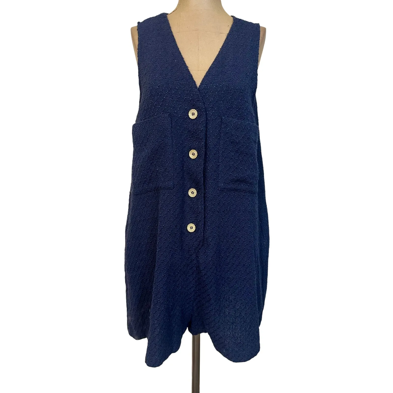 Pomander Place Romper Navy Blue Textured Sleeveless V Neck Button Front Large - Image 4
