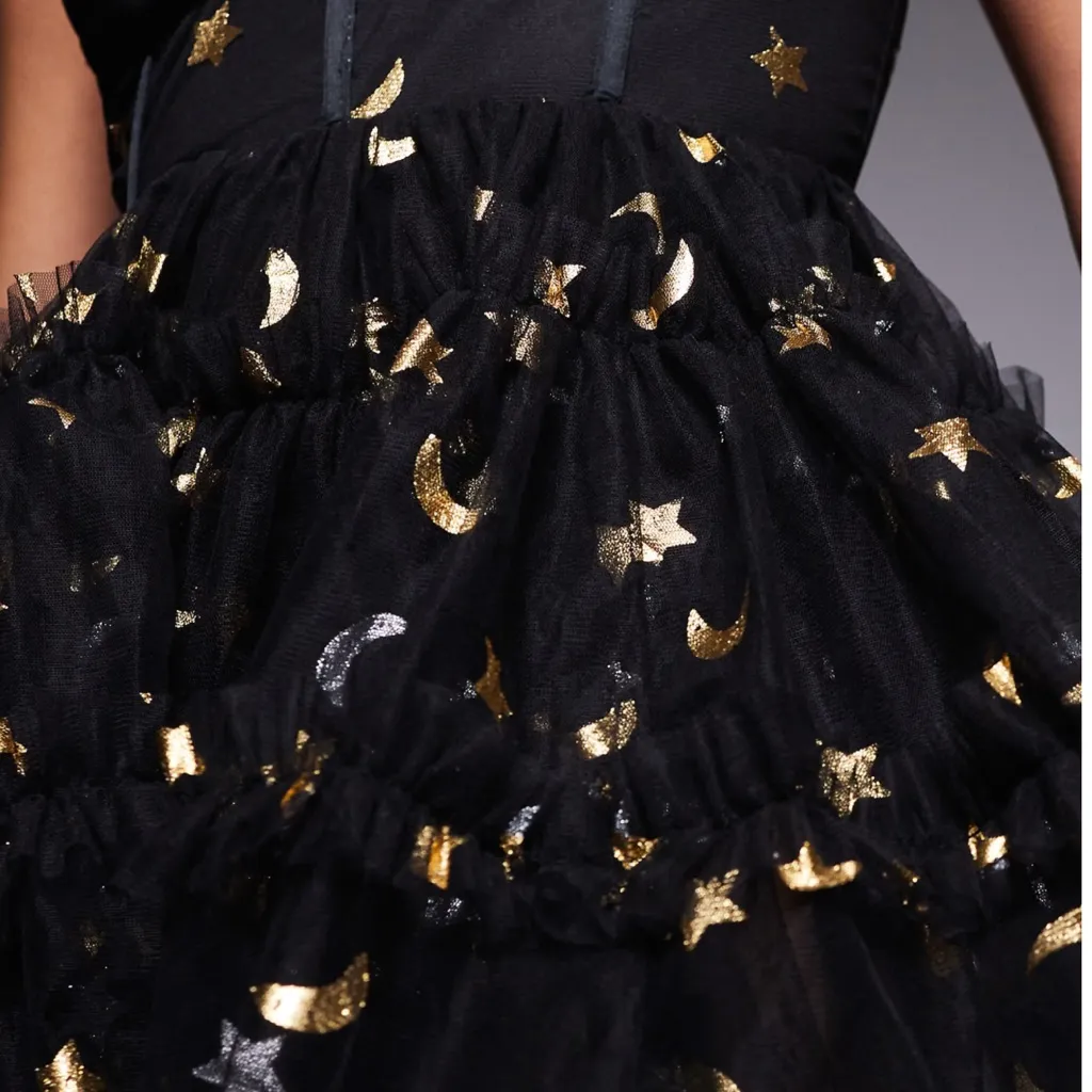 Lace & Beads Petite babydoll mini dress in black mystical print - Image 4