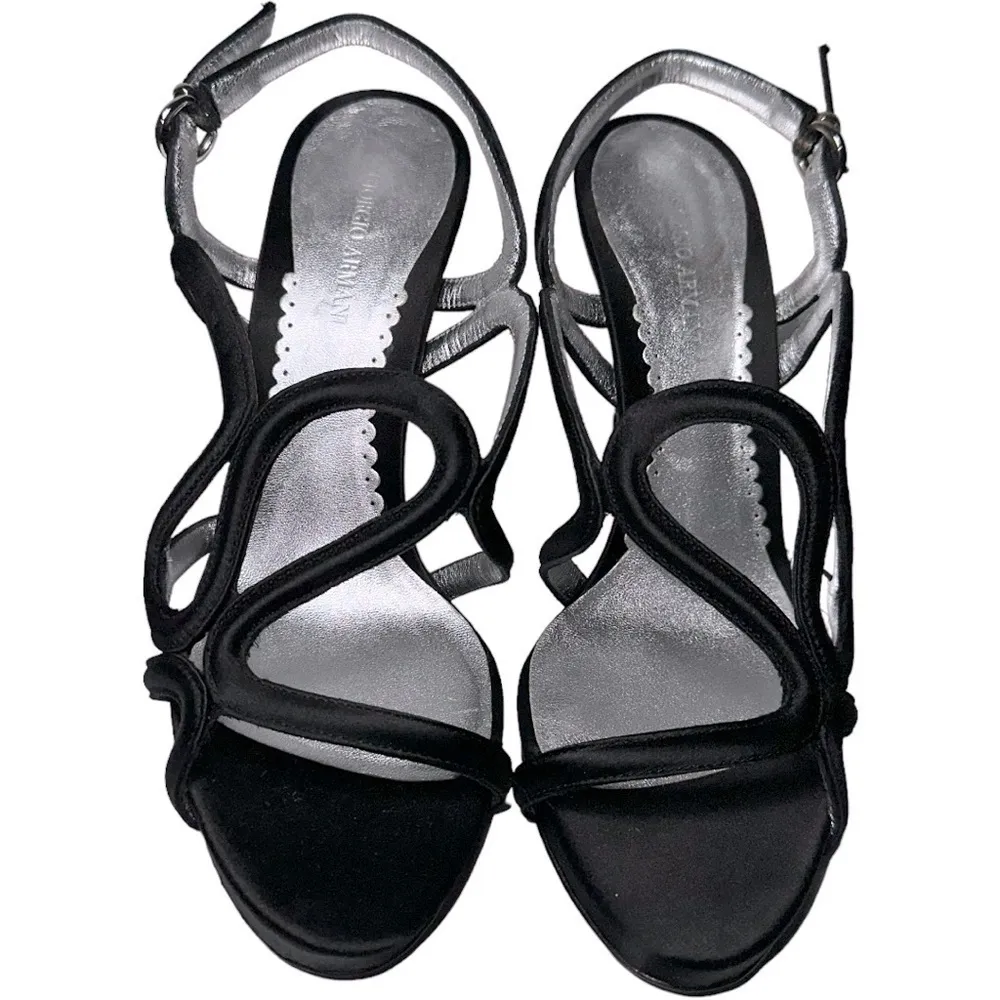 Giorgio Armani Women’s Size 6 Black Satin Strappy Open Toe Silver Jeweled Heels - Image 5