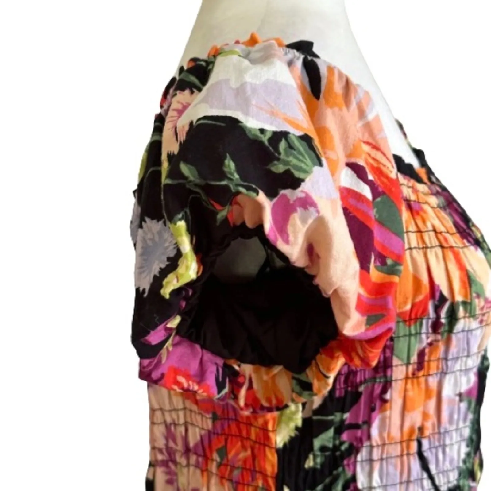 H&M Dress Black Pink Orange Floral Smocked Off Shoulder Puff Sleeve Large NEW - Image 10