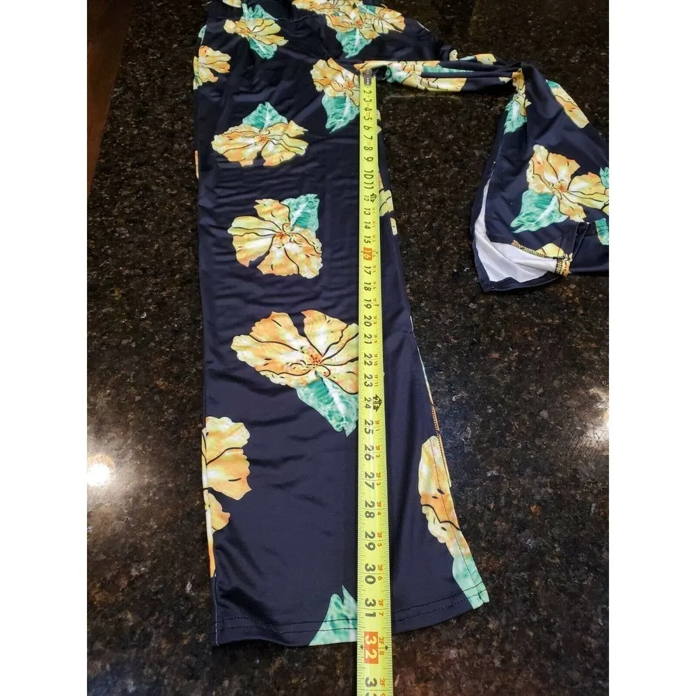 Black Floral Women's Adjustable Waist Polyester High Rise Pull on Wide Leg Pants Size undefined - Image 10