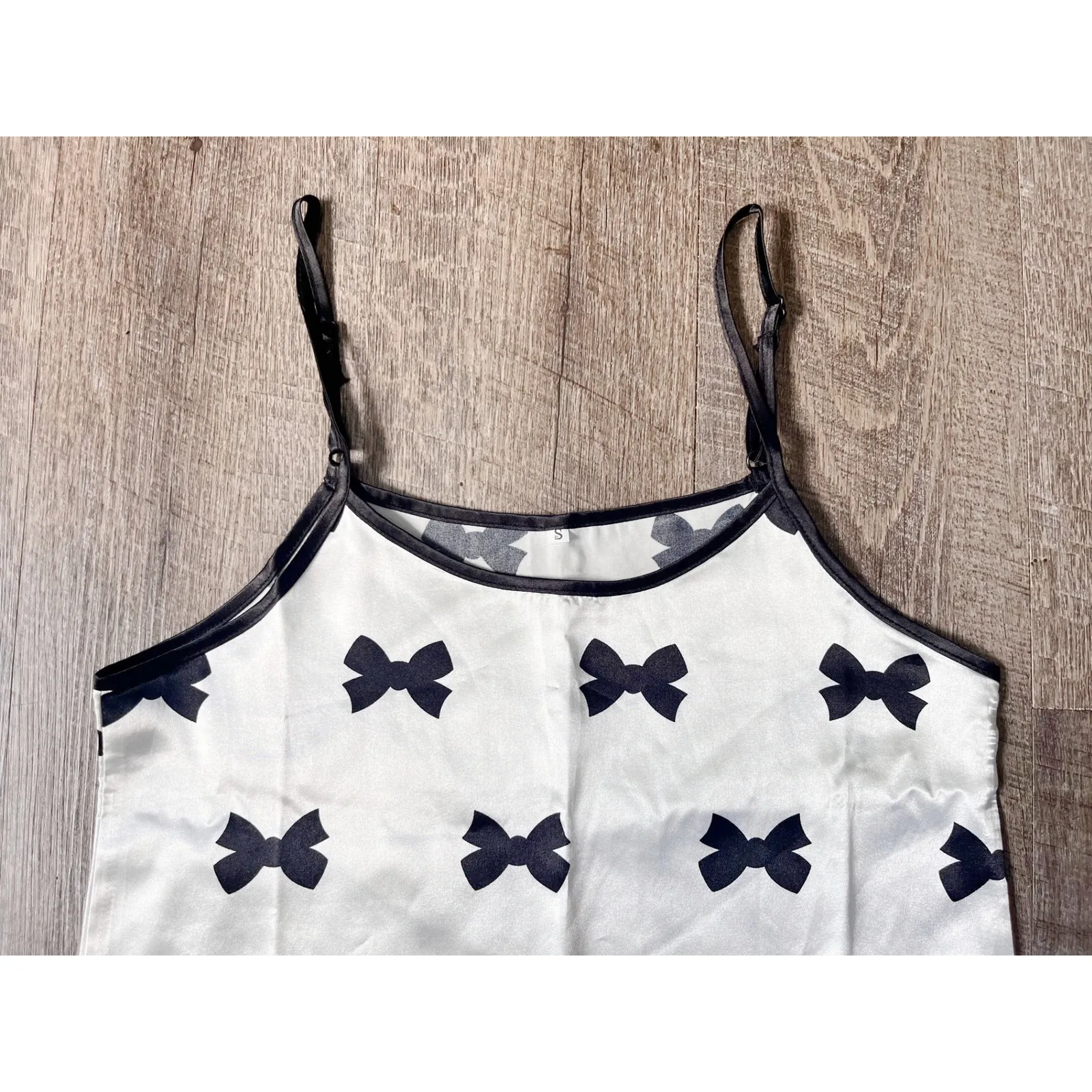 Cream and Black‎ nightgown with bow pattern, size S nightie slip Black - Image 2