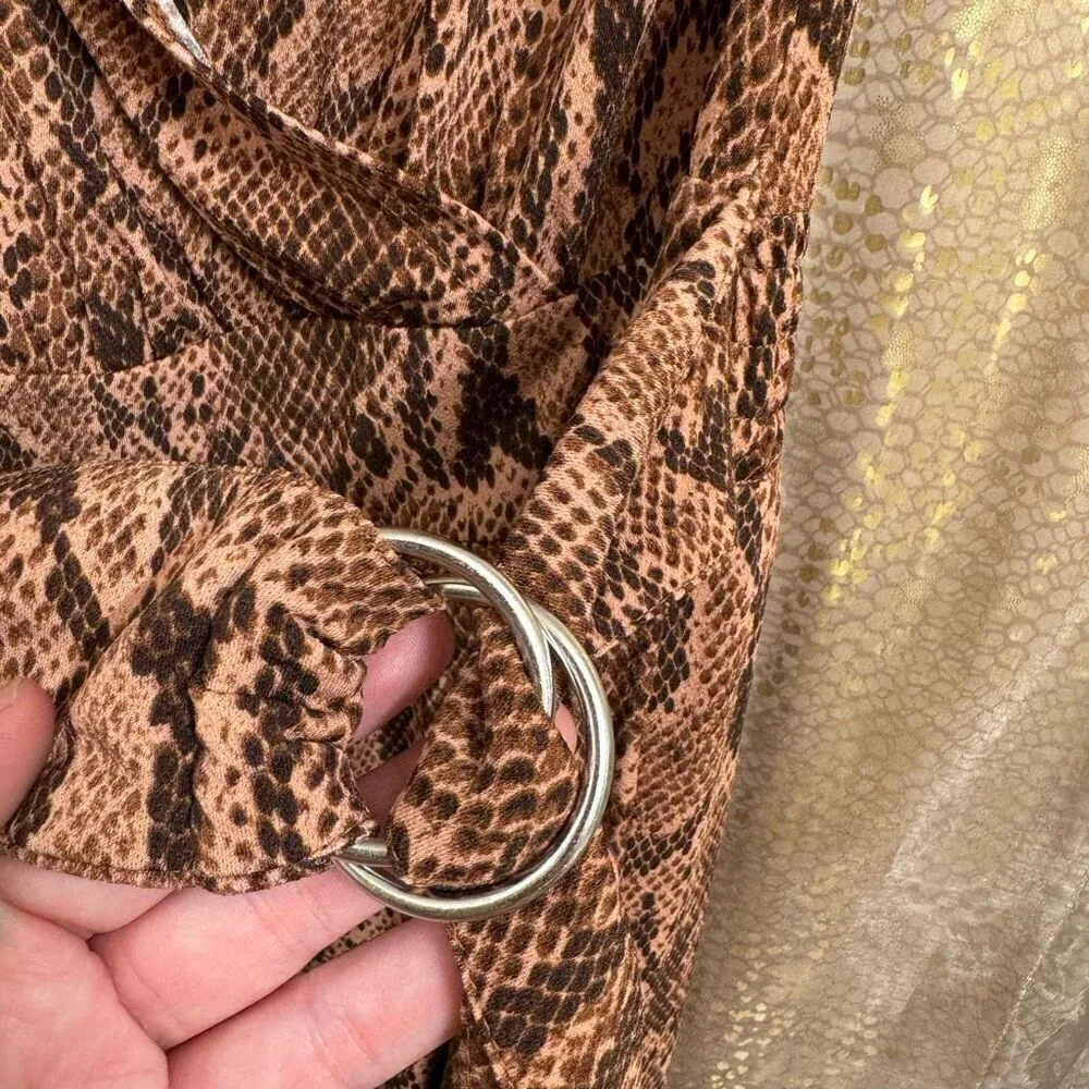 Express Brown Tan Snakeskin Print Belted Wrap Stretchy Jumpsuit Large - Image 7