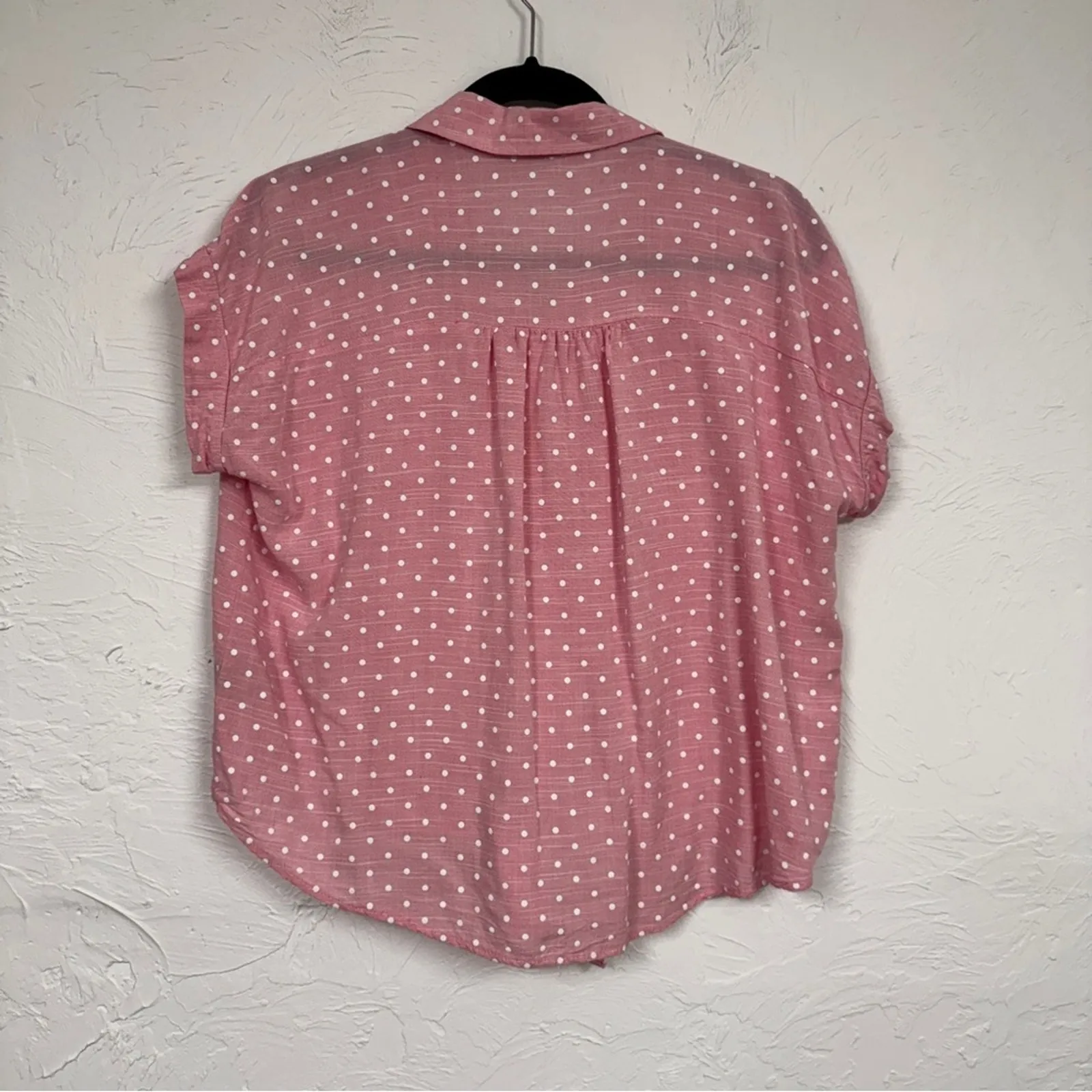 Good Luck Gem Pink Polka Dot Button Down Shirt Womens L Short Sleeve Casual Top - Image 9