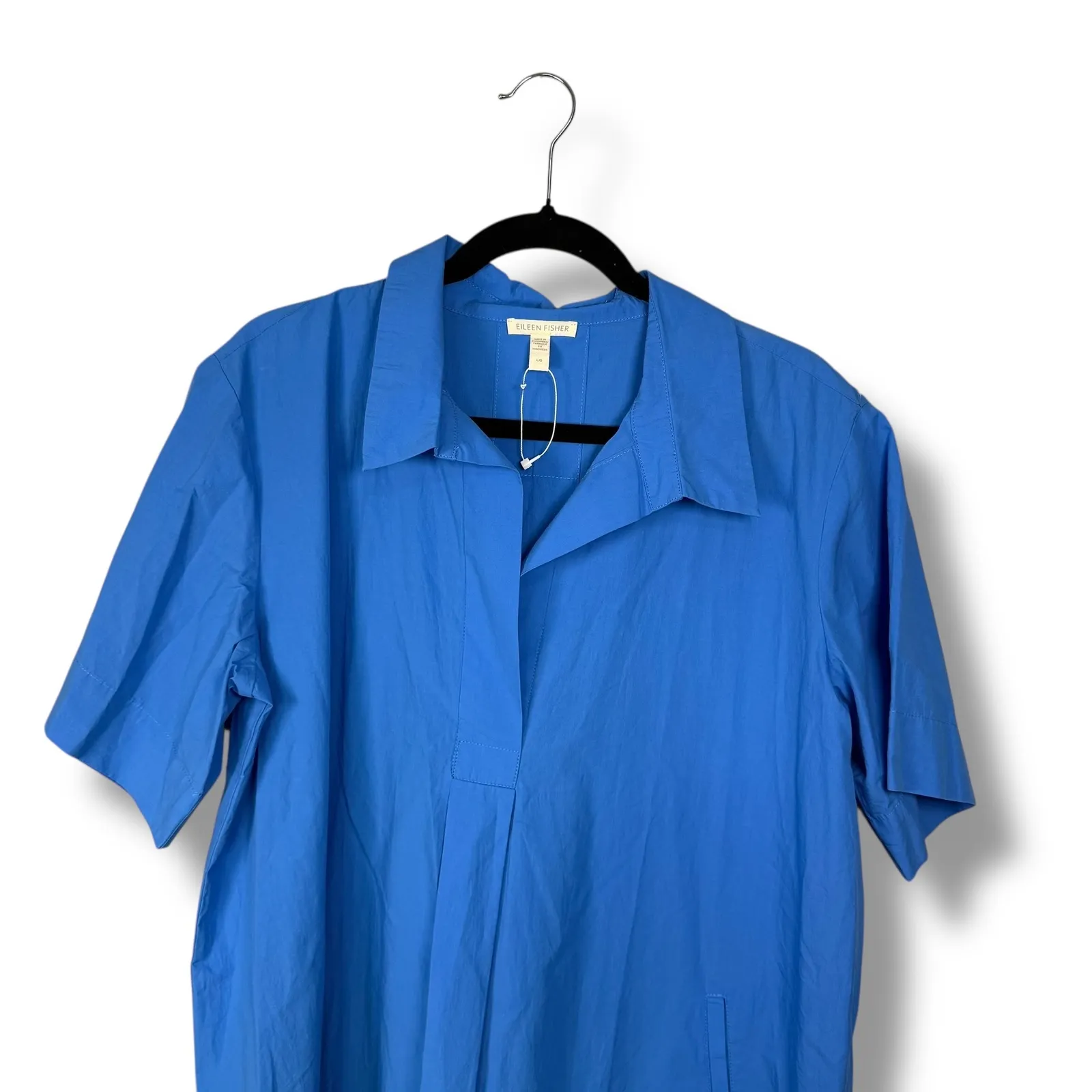 Eileen Fisher Blue Organic Cotton Collared Midi‎ Shirt Dress L/G - Image 3