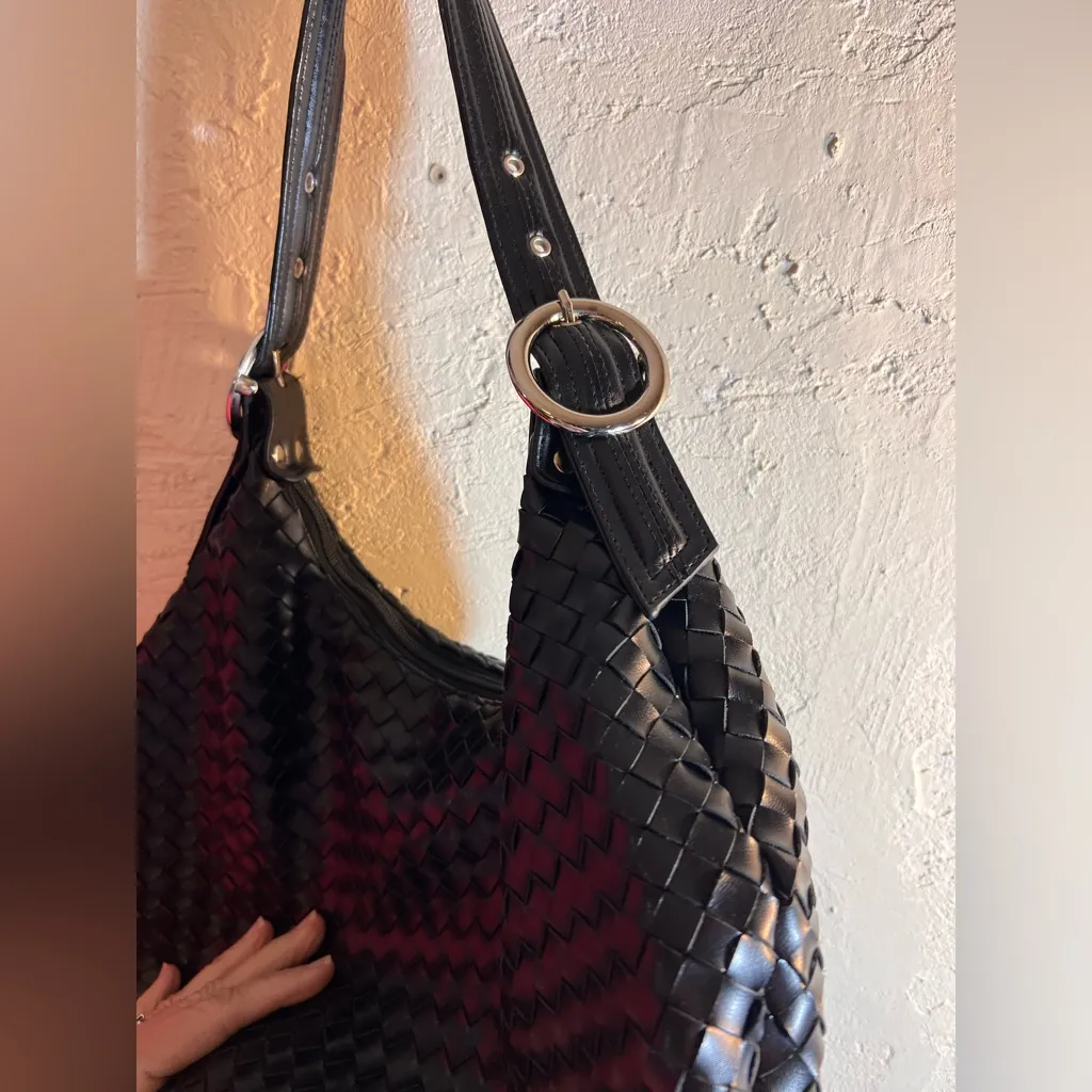 White House Black Market Black Woven Shoulder Bag faux zip minimalist classic - Image 6